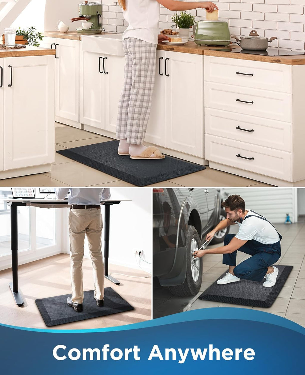 Ophanie Anti-Fatigue Kitchen Mats - 3/4 Inch Thick, Waterproof Comfort Mat | 20x32 Black Non-Slip Design