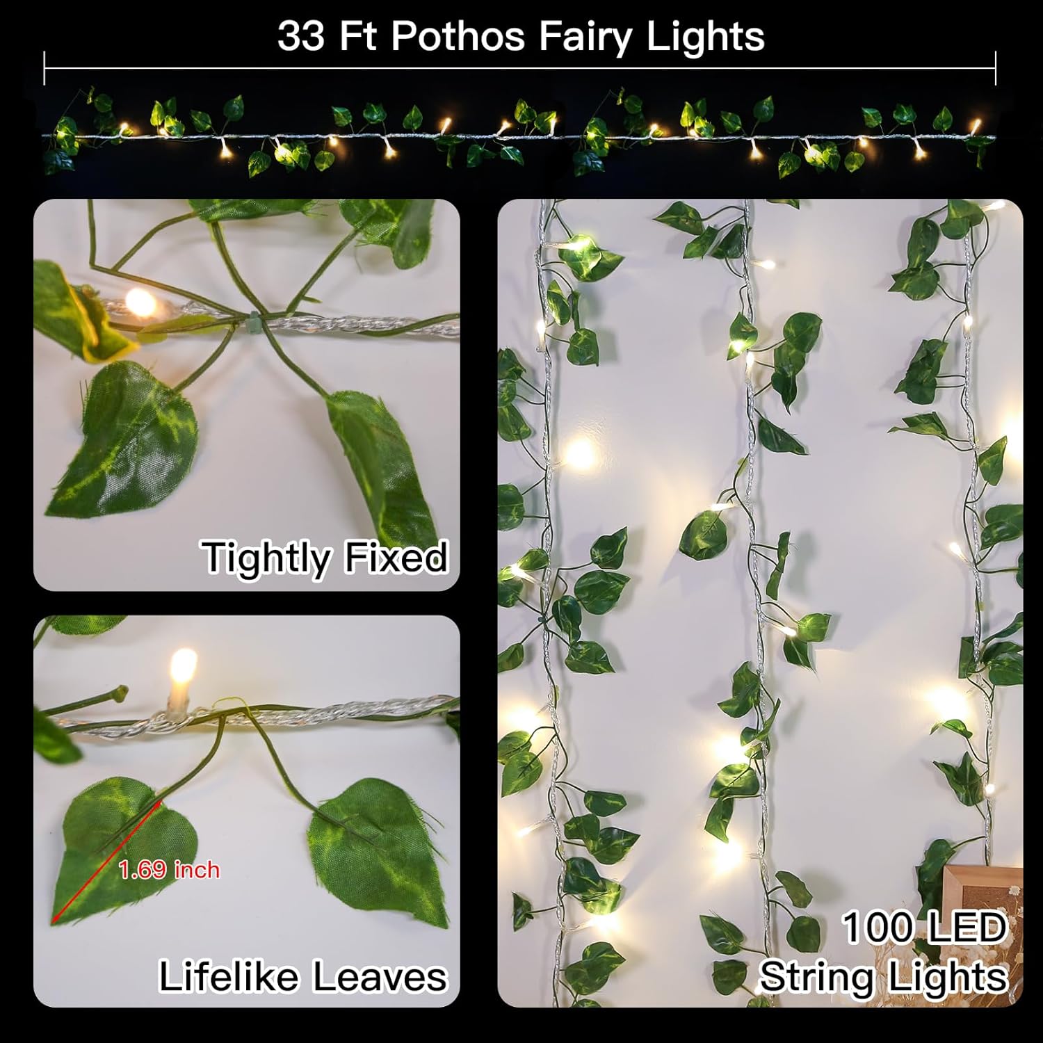 Suddus 33ft 100 LED Pothos String Lights - Connectable Fairy Lights with Remote for Bedroom, Garden & Party Decor