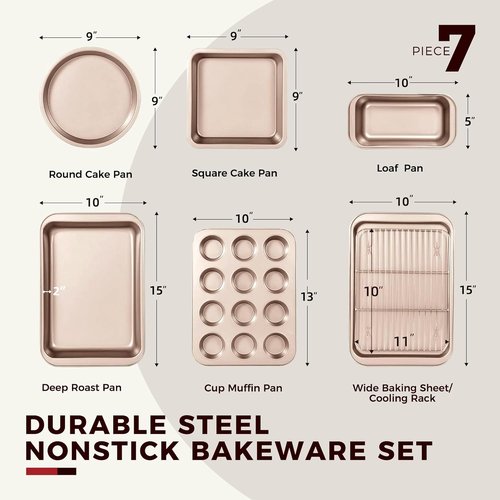 KITESSENSU Nonstick Baking Pans Set - 7-Piece Bakeware with Cake, Loaf, Muffin, Cookie Pans & Mitts | Gold
