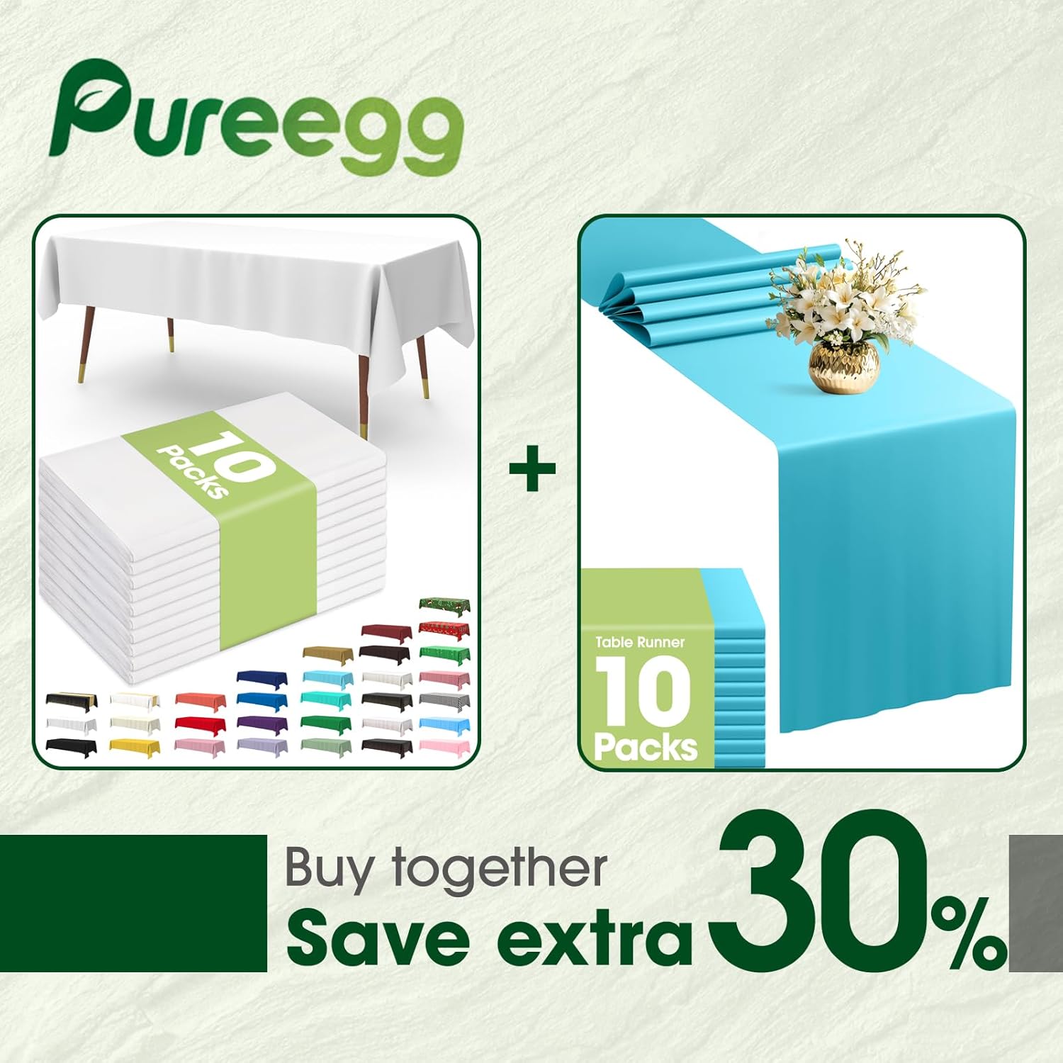 Pureegg Disposable Table Set - 10 Pack of Leakproof White & Blue Tablecloths (54''x108'') & Runners (14''x108'') for Events
