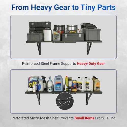 FLEXIMOUNTS Heavy-Duty Garage Shelving - 14-Inch x 68-Inch Perforated Wall Shelf | 1400 lbs Load Capacity