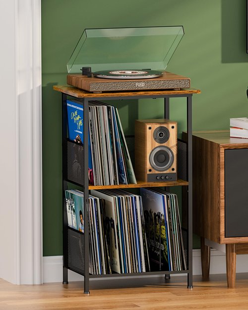 Honkazita Vinyl Record Player Stand for 200 Albums - Solid Wood Turntable Table with Extended Desktop, Space-Saving LP Holder Cabinet for Living Room, Bedroom & Home Office