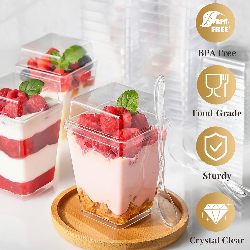 TOFLEN 50 Pack 5 oz Plastic Dessert Cups with High Lids for Party, Mini Dessert Cups with Spoons Dessert Shooter Cups for Yogurt Parfait, Appetizer, Pudding, Fruit and Ice Cream