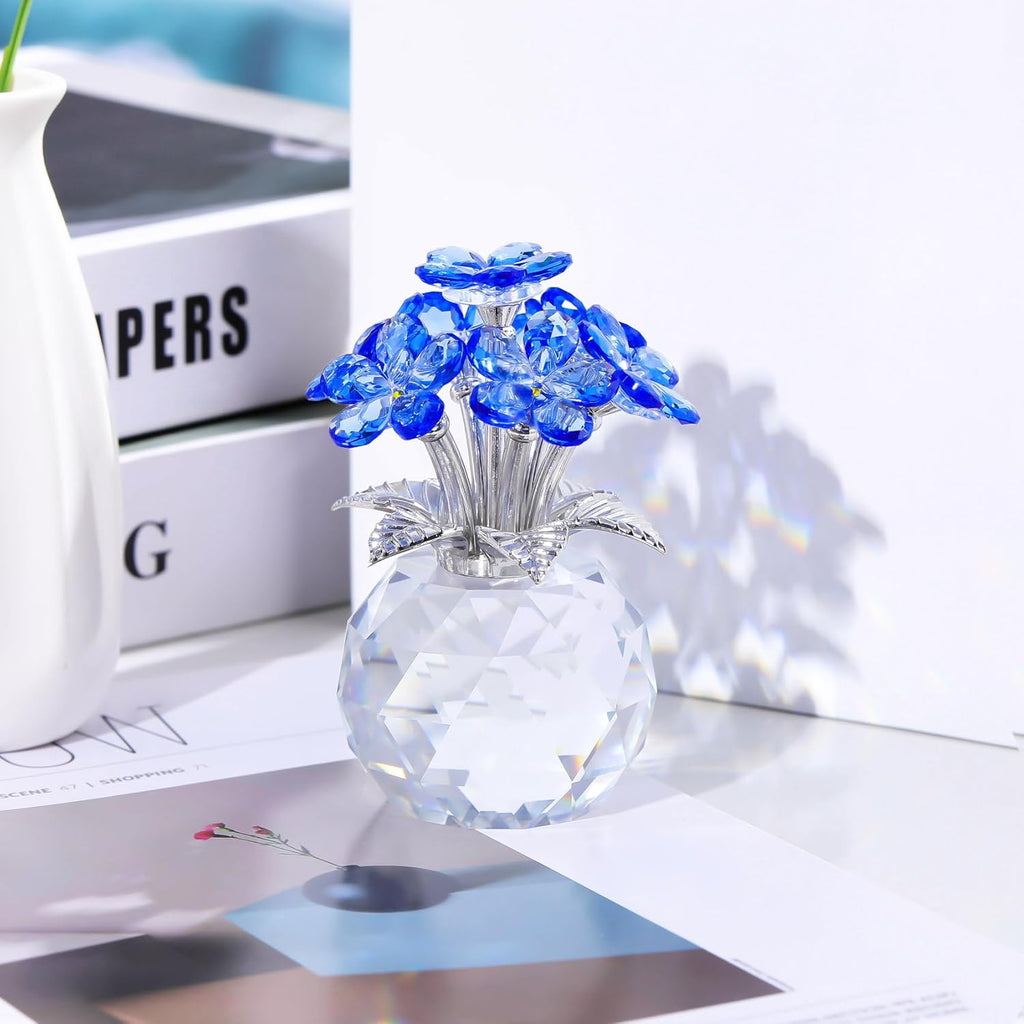 YWHL Blue Crystal Forget Me Not Flowers - Handmade Glass Bouquet Figurine | Perfect Gift for Women