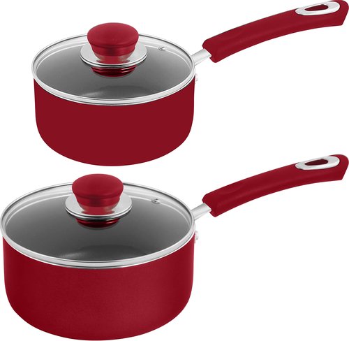 Utopia Kitchen Nonstick Stock Pot Saucepan Set with Lids, 1 Quart and 2 Quarts Multipurpose Stock Pots Set for Home, Kitchen or Restaurant, Red & Black