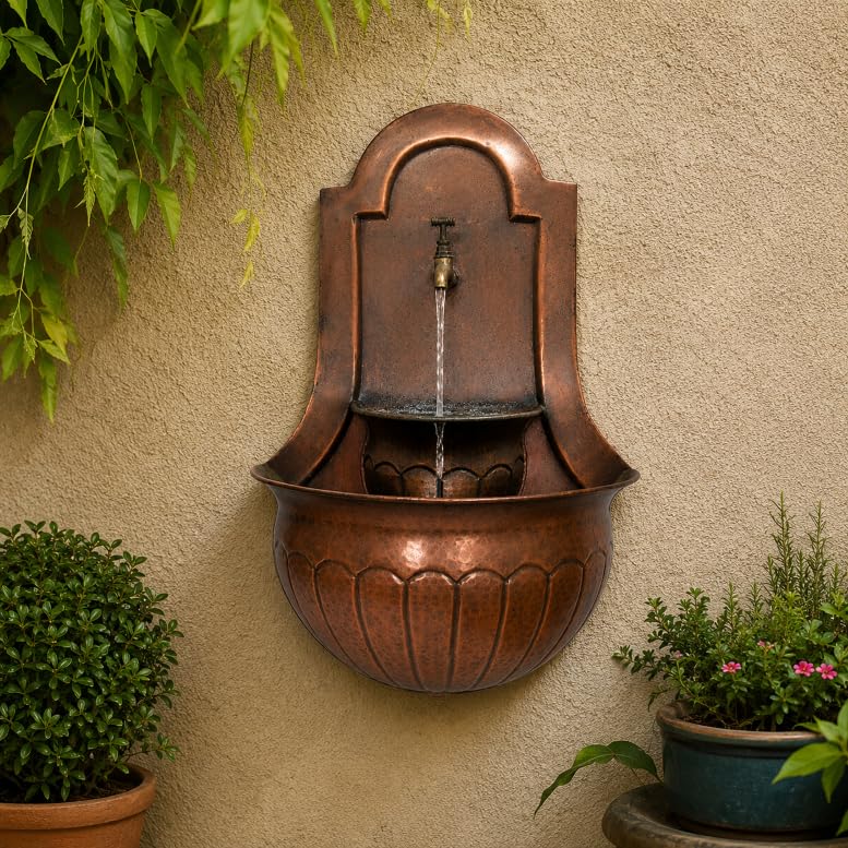 Handcrafted 16-Gauge Pure Copper Wall Fountain - Antique Hammered Water Feature