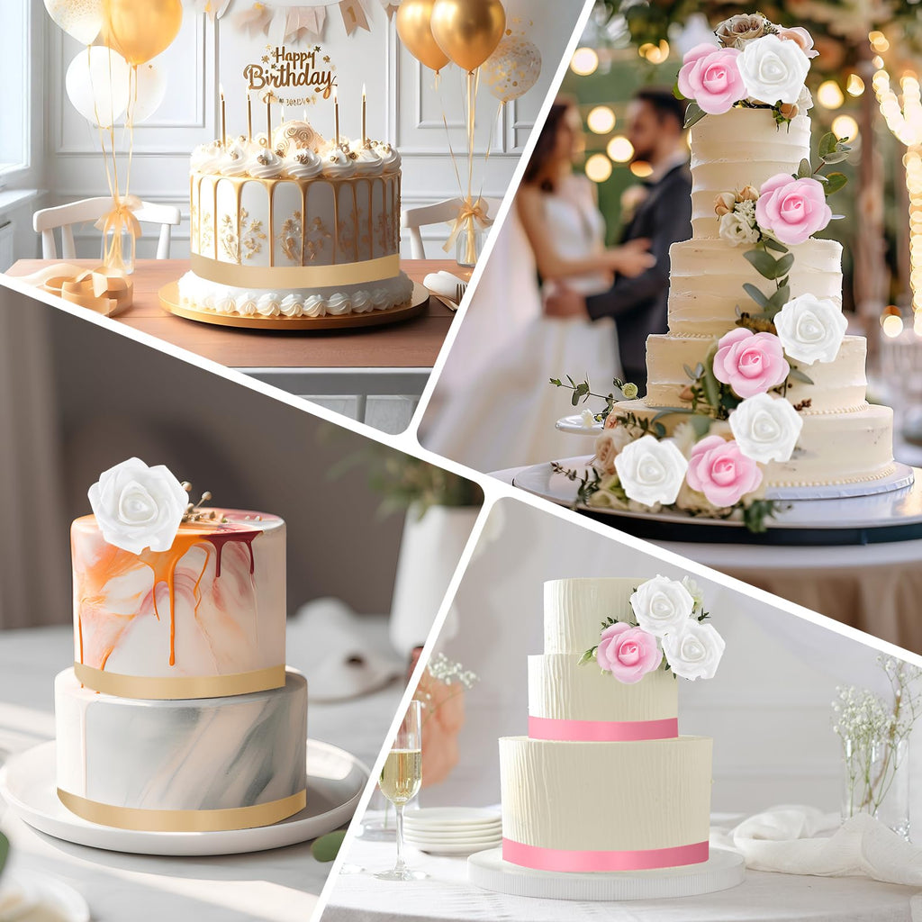 4 Tiers Foam Cake Dummies Set 4" 6" 8" 10", PLULON White Round Practice Cake Dummy 12 Inch Tall with Artificial Roses and Ribbons for Wedding Baby Shower Birthday Anniversary Christmas Party Supplies