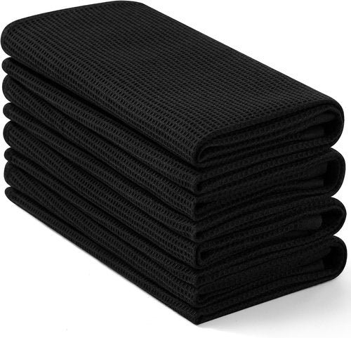 Homaxy 100% Cotton Waffle Weave Kitchen Towels - Soft, Absorbent 4-Pack - Quick Dry, 16 x 26 Inches, Black