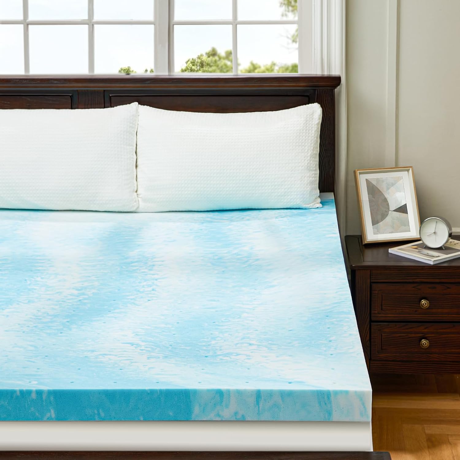 Perlecare 3 Inch Queen Memory Foam Mattress Topper - Cooling Gel Infused for Pressure Relief | CertiPUR-US® Certified, Blue