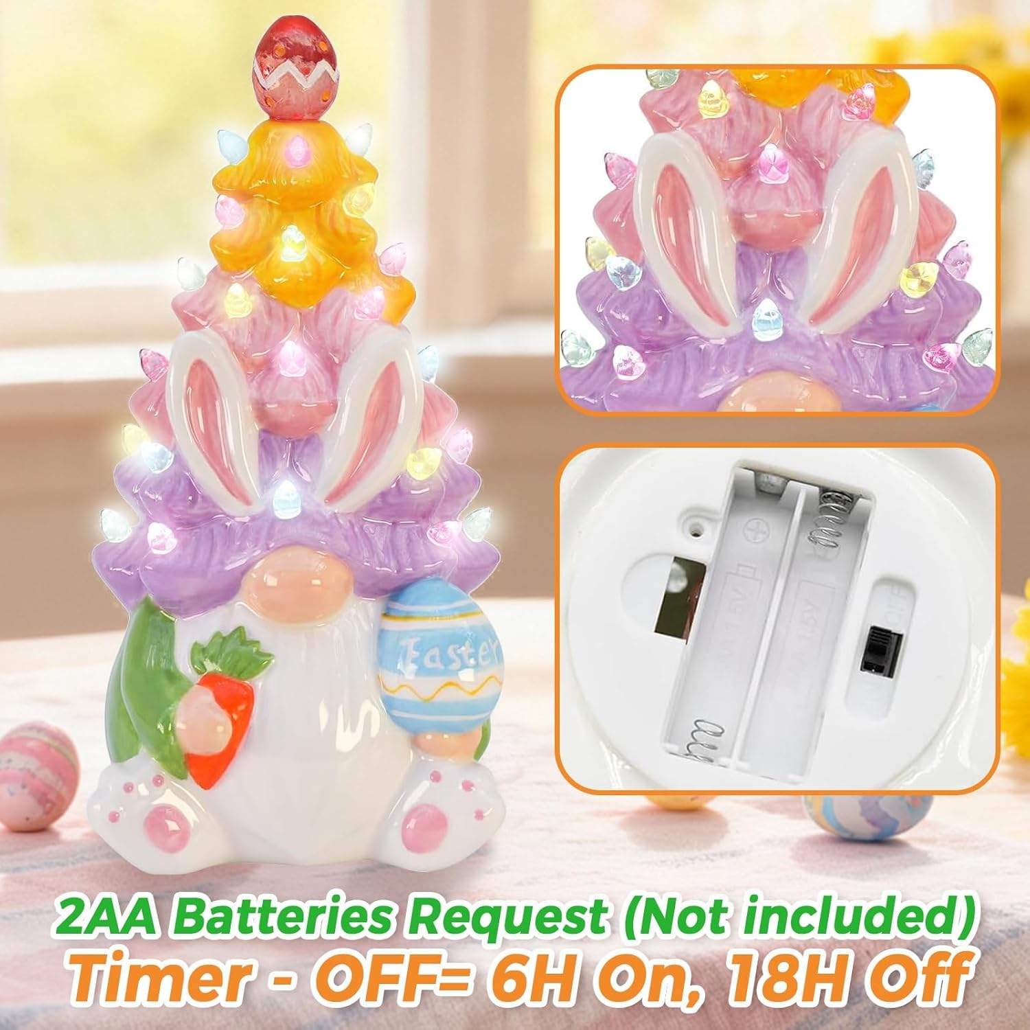 Timer Easter Decorations - Light Up Bunny & Gnome Ceramic Tree Decor | Spring Centerpieces