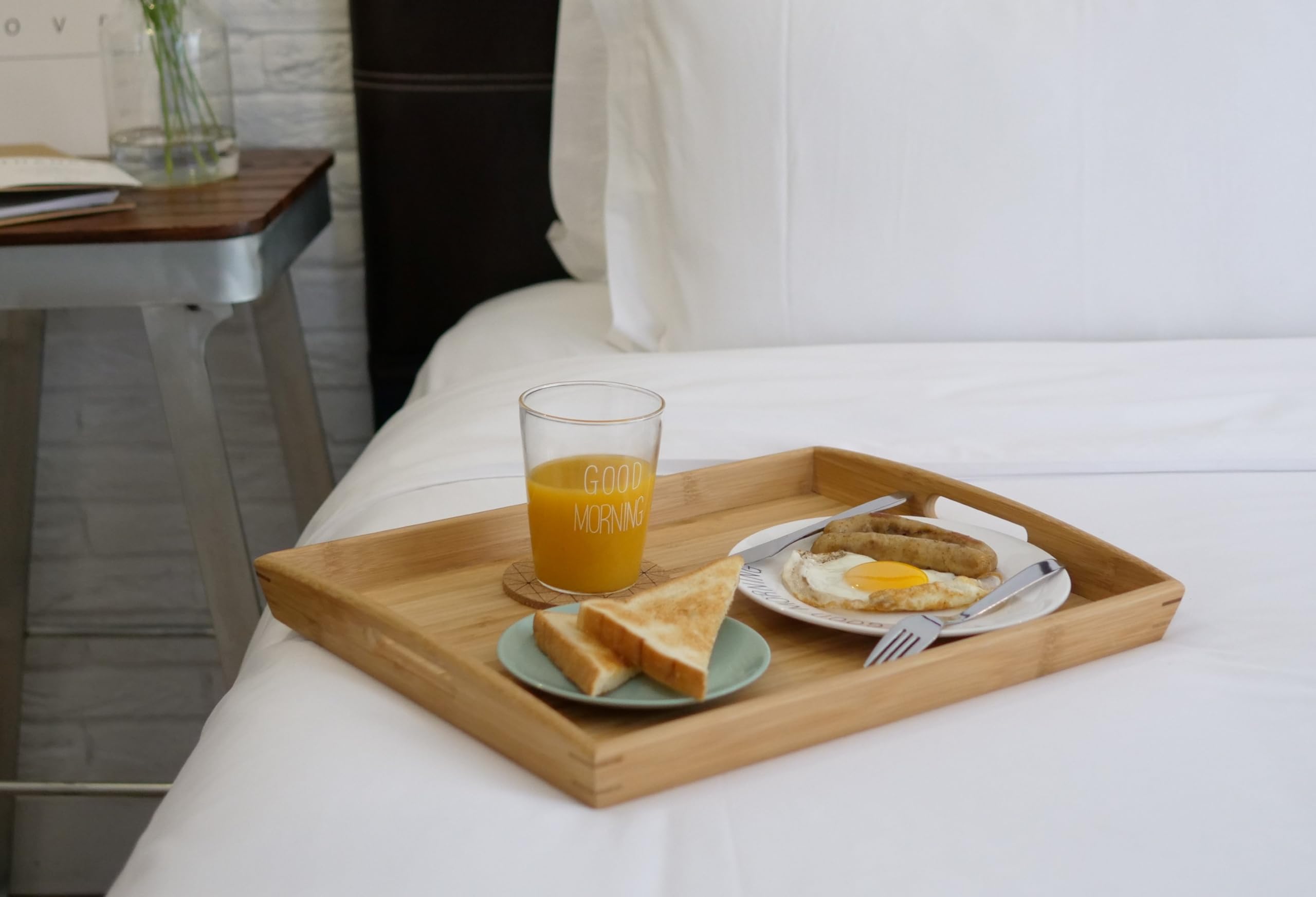 Joy&Grace Bamboo Serving Tray with Handles, Dinner Food Tray for Bed Breakfast Eating and Serving, for Coffee Table Ottoman TV, Decorative Wood Large Charcuterie Platter 16.8 x 12.5 inch 1 Pack