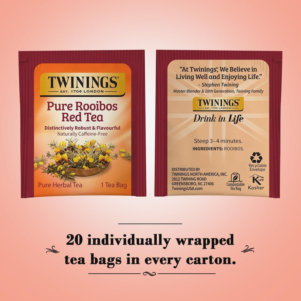 Twinings Pure Rooibos Red Tea - Naturally Sweet & Tangy Caffeine-Free Herbal Tea Bags, 20 Count (Pack of 2)