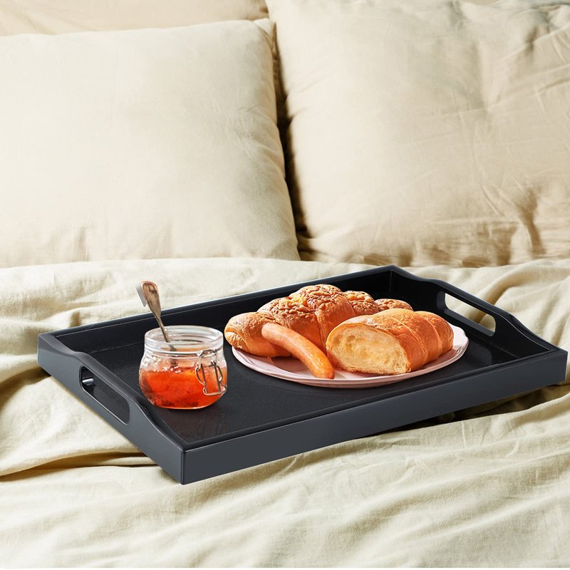 MDLUU Set of 2 Plastic Serving Tray, Ottoman Tray with Cutout Handles, Rectangle Butler Tray for Breakfast in Bed, Coffee Table, Kitchen Countertop (Black)