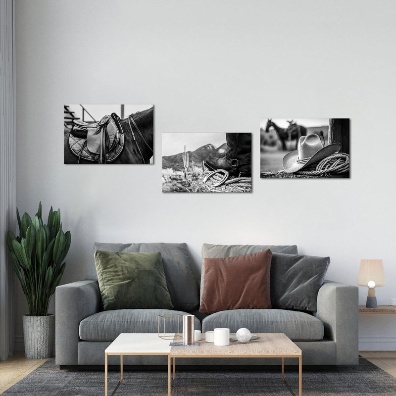 OuElegent Black and White Cowboy Canvas Prints American West Rodeo Wall Art Painting Rope Stetson Hat Horse Saddle Picture Prints for Office Living Room Bedroom Wall Decor Framed 16"x24"x3pcs