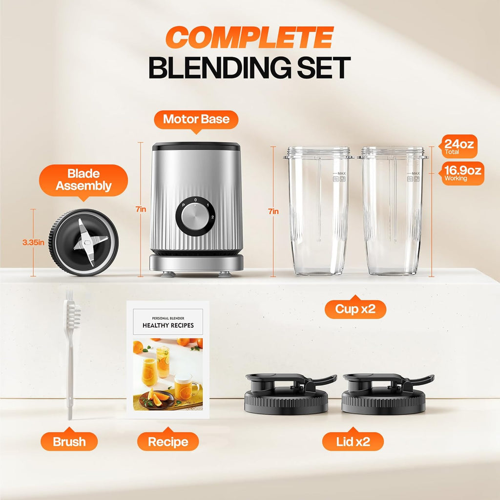 Turelar Portable Personal Blender - Smoothie Maker with 2 x 24oz Cups & Extra Lid | Perfect for Juices & Baby Food