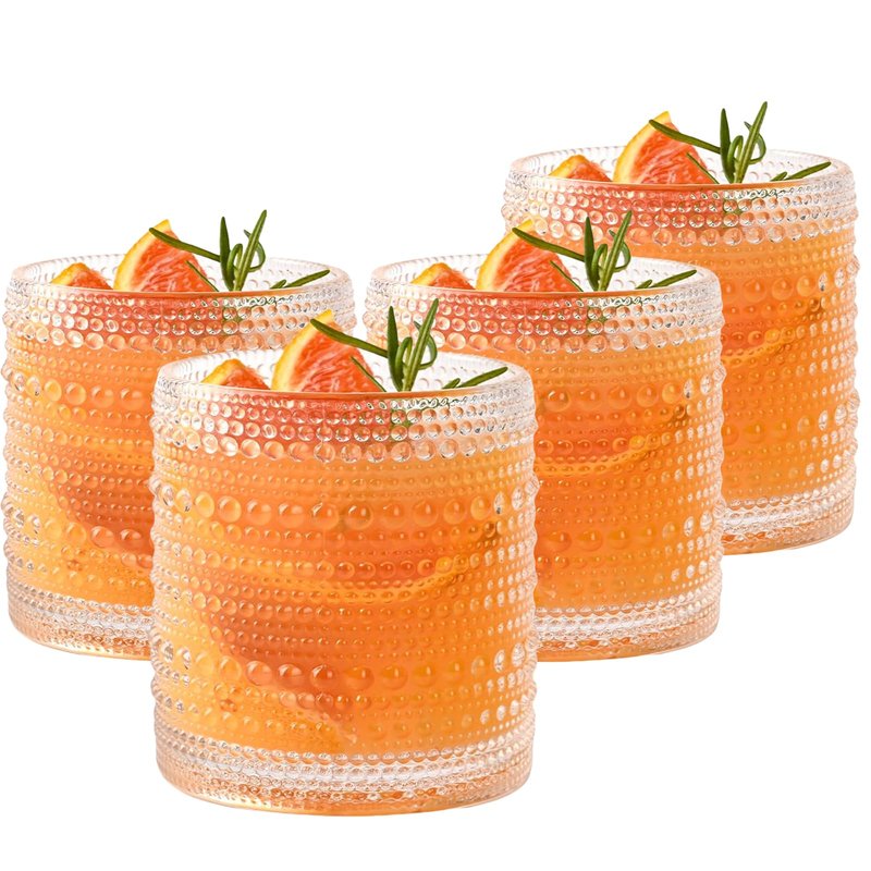 WANYISHUN Set of 4 Hobnail Drinking Glasses,15.2 Oz Romantic Water Glasses, Clear Embossed Design Vintage Glassware, Cocktail Glasses, Beaded Drinking Glasses for Water, Beer, Juice(15oz+4")