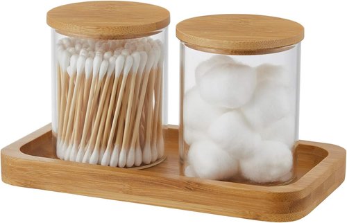 INIUNIK Glass Qtip Holder - Elegant Vanity Tray & Apothecary Jar Organizer for Cotton Balls, Swabs & Accessories