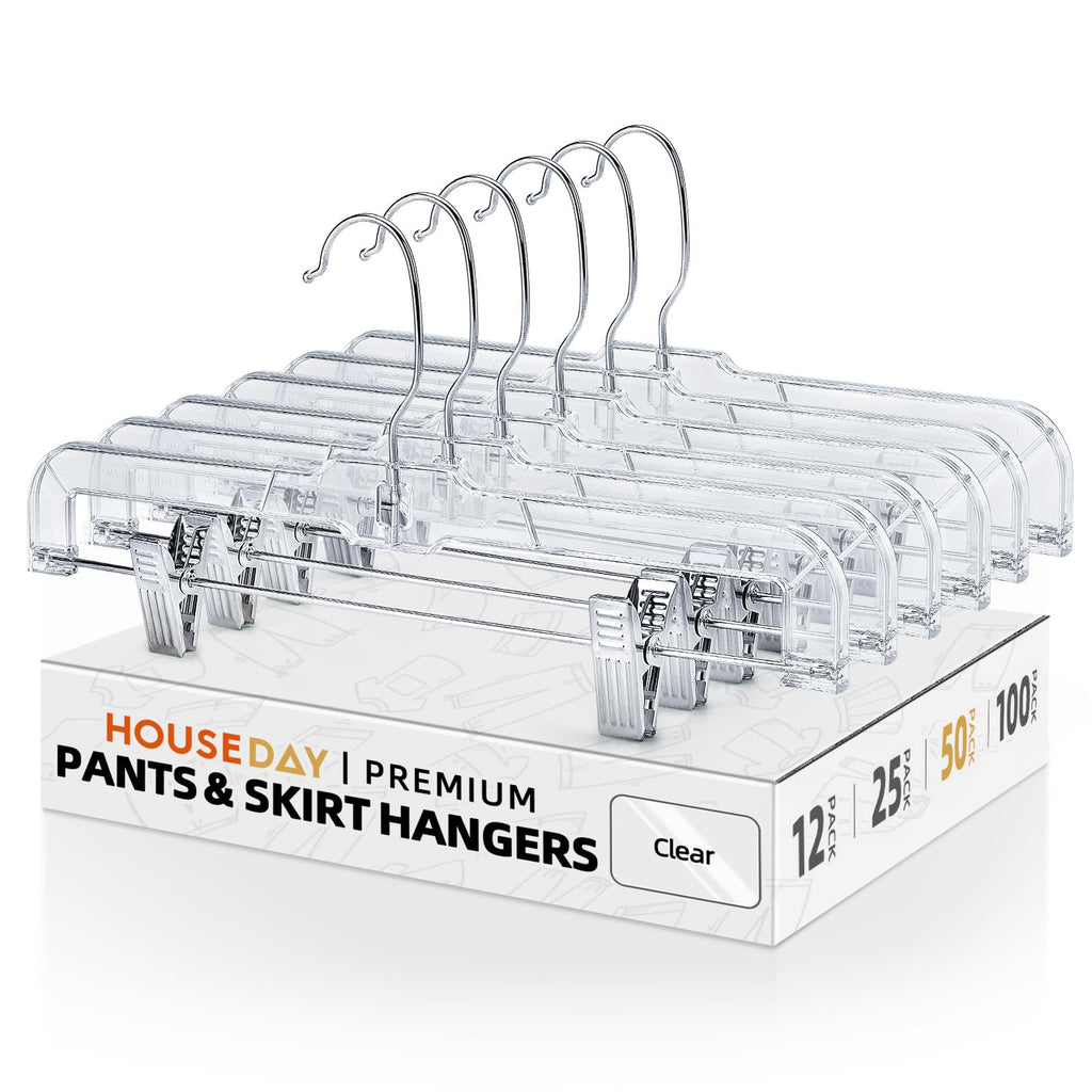 HOUSE DAY 50 Pack Skirt Hangers Pant Hangers with Clips, Clear Plastic Hangers for Pants, Skirts, Shorts, Versatile Use Clip Hanger, Retail Hanger