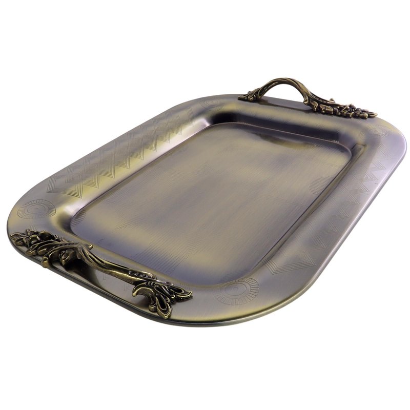 Maro Megastore 15.7 inch x 12.2 inch Oblong Iron Bronze Plated Serving Tray with Handles Stylish Design Floral Engraved Edge Decorative Party Wedding Dessert Buffet Wine Platter Plate FST-075