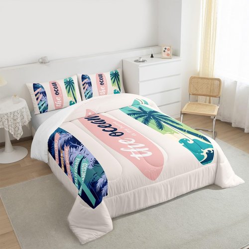 Homewish Surfboard Bedding Set Full Size Summer Sea Surfing Theme Comforter Set 3pcs for Kids Boys Girls Ocean Theme Duvet Insert Luxury Microfiber Down Comforter