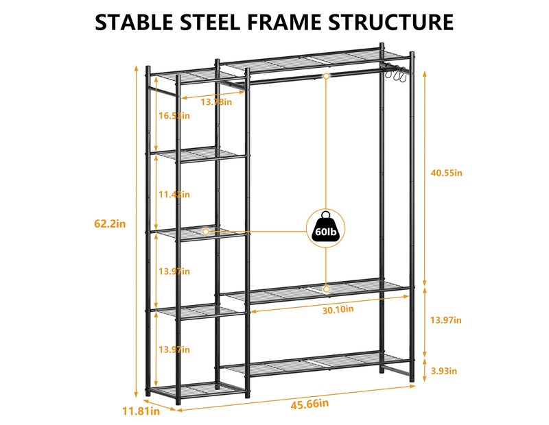 Wardrobe Closet,Portable Clothes Rack with 4 Tiers Shelves,Freestanding Closet Organizers and Storage System with Hanging Rods,Steel Clothing Rack Suitable for Cloakrooms,Bedrooms,Entrances,etc.Black