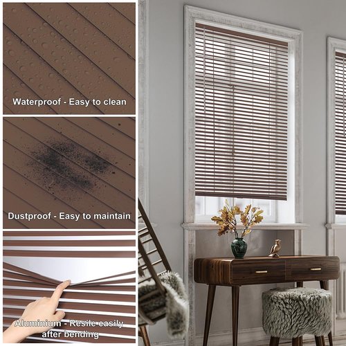 SEEYE Cordless Mini Blinds Aluminum Venetian Blind Horizontal Window Shades, 1" Slat Size - Rooming Darkening Blinds Anti-UV & Waterproof for Bedroom, Office, Easy to Install, 44" W x 64" H, Brown