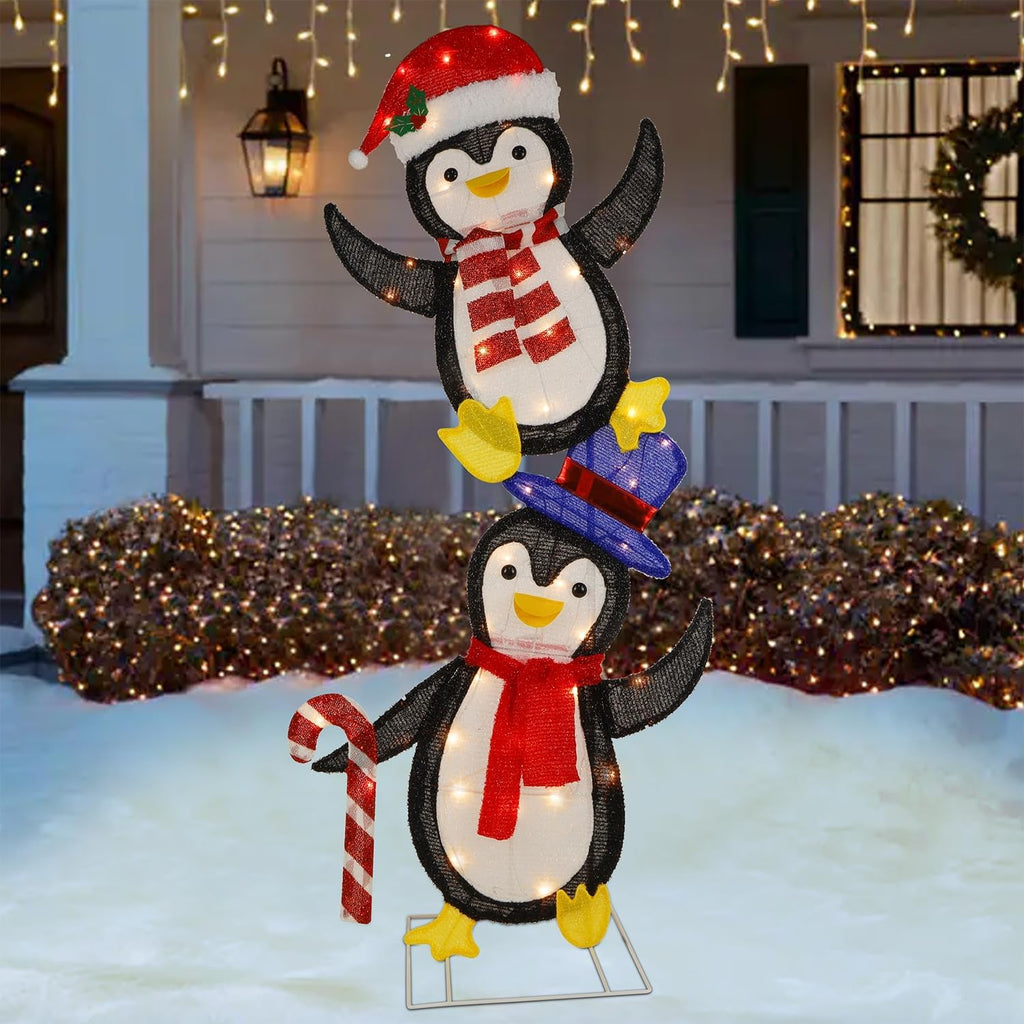 Waterglide Lighted Christmas Tinsel Penguins - Pre-Lit 2D Stacked Design for Indoor/Outdoor Holiday Decor