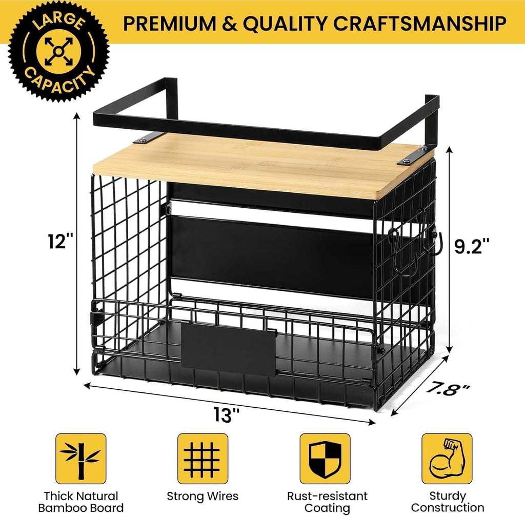 WIDER SHELF Magnetic Spice Rack - XXL Large Fridge Shelf Basket with Bamboo Top & Tag | Kitchen Organizer