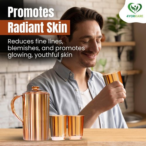 Copper Pitcher with Lid & 2 Tumbler Glasses - 1500ml/50 Oz Pure Copper Handmade Jug | Smooth Finish, Boost Hydration, Support Sugar Intake Control & Health Benefits