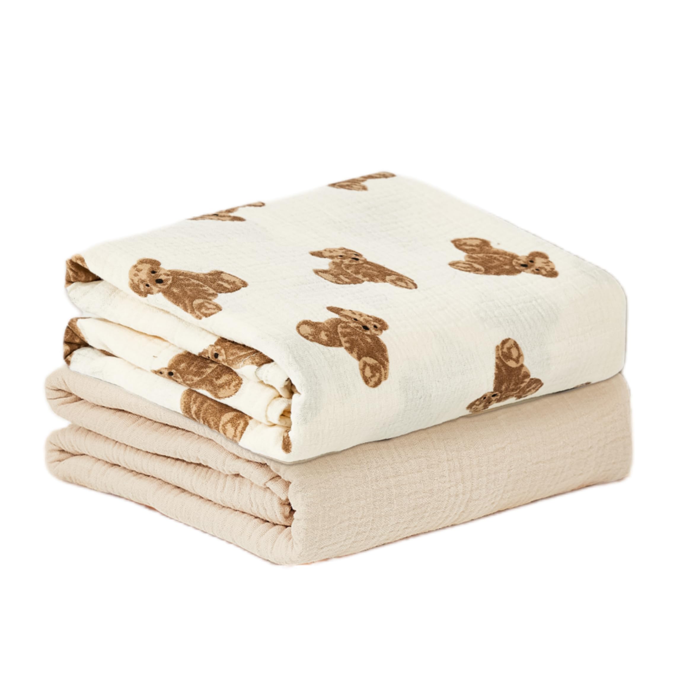insular Muslin Swaddle Blankets for Boys Girls, 2 Pack Receiving Baby Blanket Large 47 x 47 inches, Soft Breathable Swaddling Wrap for Unisex Newborn, Teddy Bear&Khaki