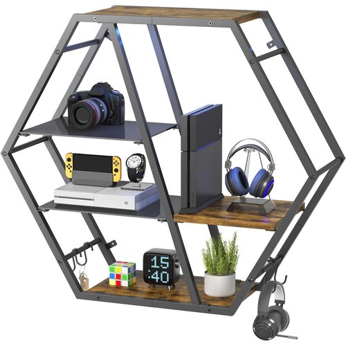 MAHANCRIS Gaming Floating Shelf with LED Lights, Gaming Wall-Mounted Shelves, Hexagonal LED Display Shelf for Wall, Glass Panel Bar Rack with 4 Hooks, Sturdy Rustic Brown FSHR130K01