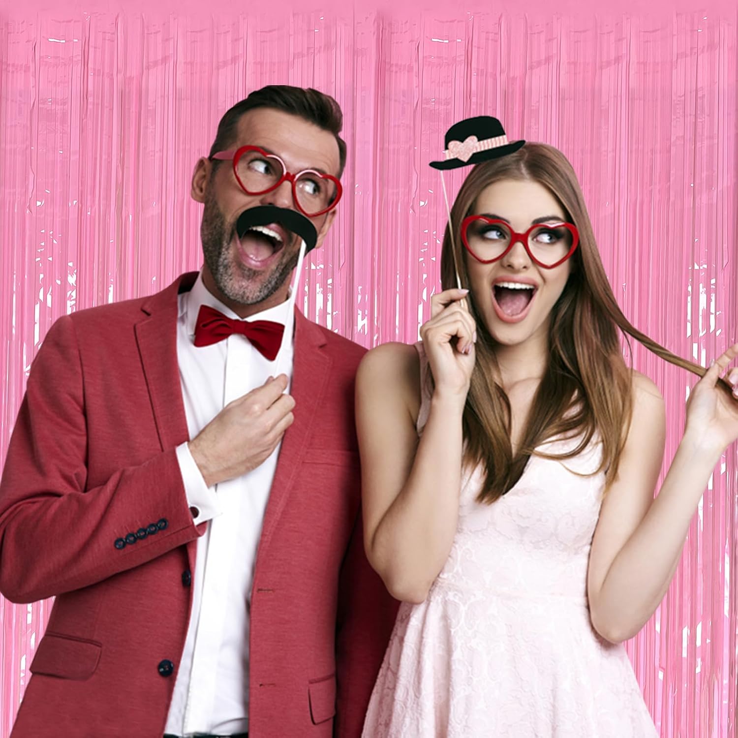 Skiennix Foil Curtain - Pink Metallic Tinsel Fringe Backdrop | 2 Pack for Parties & Celebrations