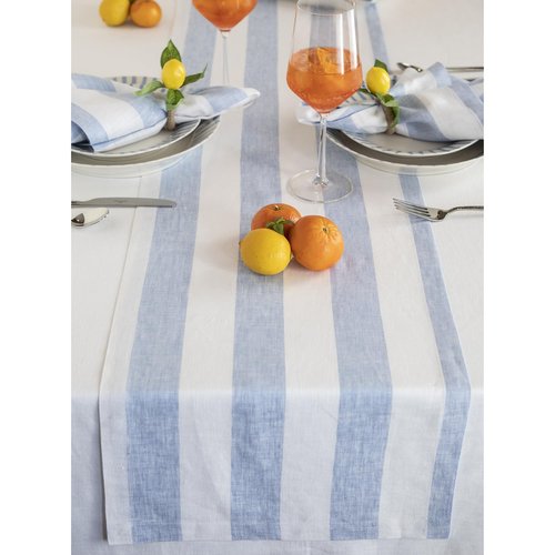 Solino Home Linen Table Runner 120 Inches Long - Cabana Stripe, 100% Pure Linen Sky Blue and White Table Runner 14 x 120 Inch for Dining, Spring, Easter