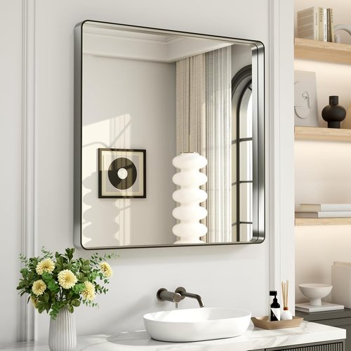 LOAAO Brushed Nickel Bathroom Mirror - 38x38 Inch Rounded Rectangle Design | Anti-Rust & Shatterproof
