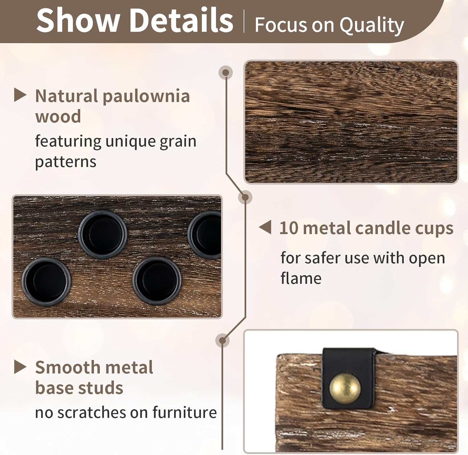 NUPTIO Wood Candelabra - 16.5-Inch Taper Candle Holder for Farmhouse Table Centerpiece | Christmas Decor