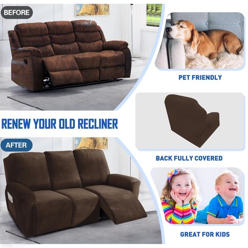 MAXIJIN 8 Pieces Recliner Sofa Covers, Stretch Velvet Reclining Couch Covers for 3 Cushion Furniture Covers, Thick, Soft, Washable Reclining Sofa Slipcovers (Sofa Recliner, Dark Coffee)