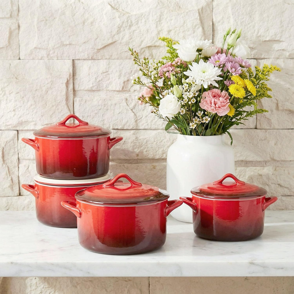Regine Switzerland Ceramic Mini Cocotte Set - 17.7 Oz Individual Baking Ramekins with Lids | Oven & Microwave Safe