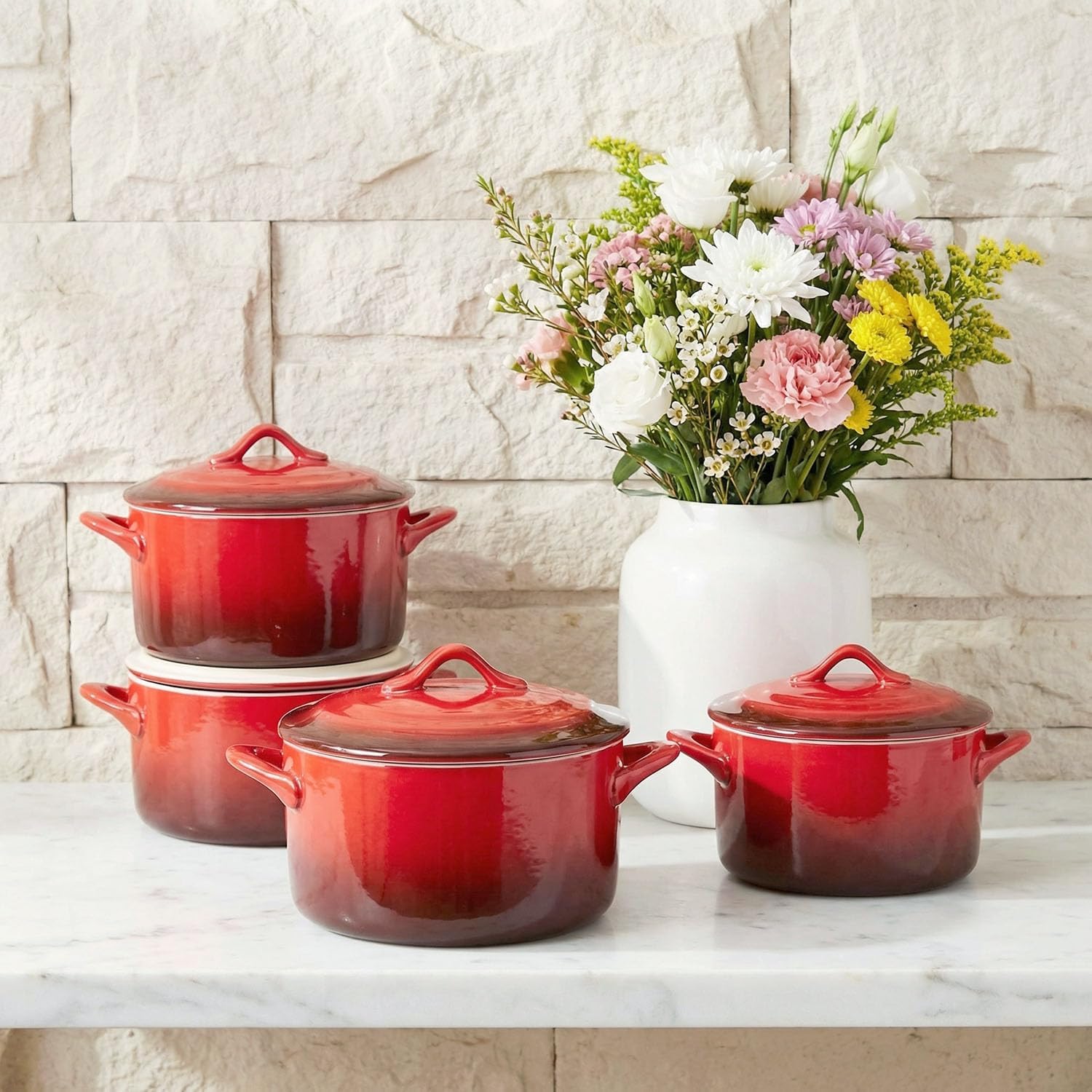 Regine Switzerland Ceramic Mini Cocotte Set - 17.7 Oz Individual Baking Ramekins with Lids | Oven & Microwave Safe
