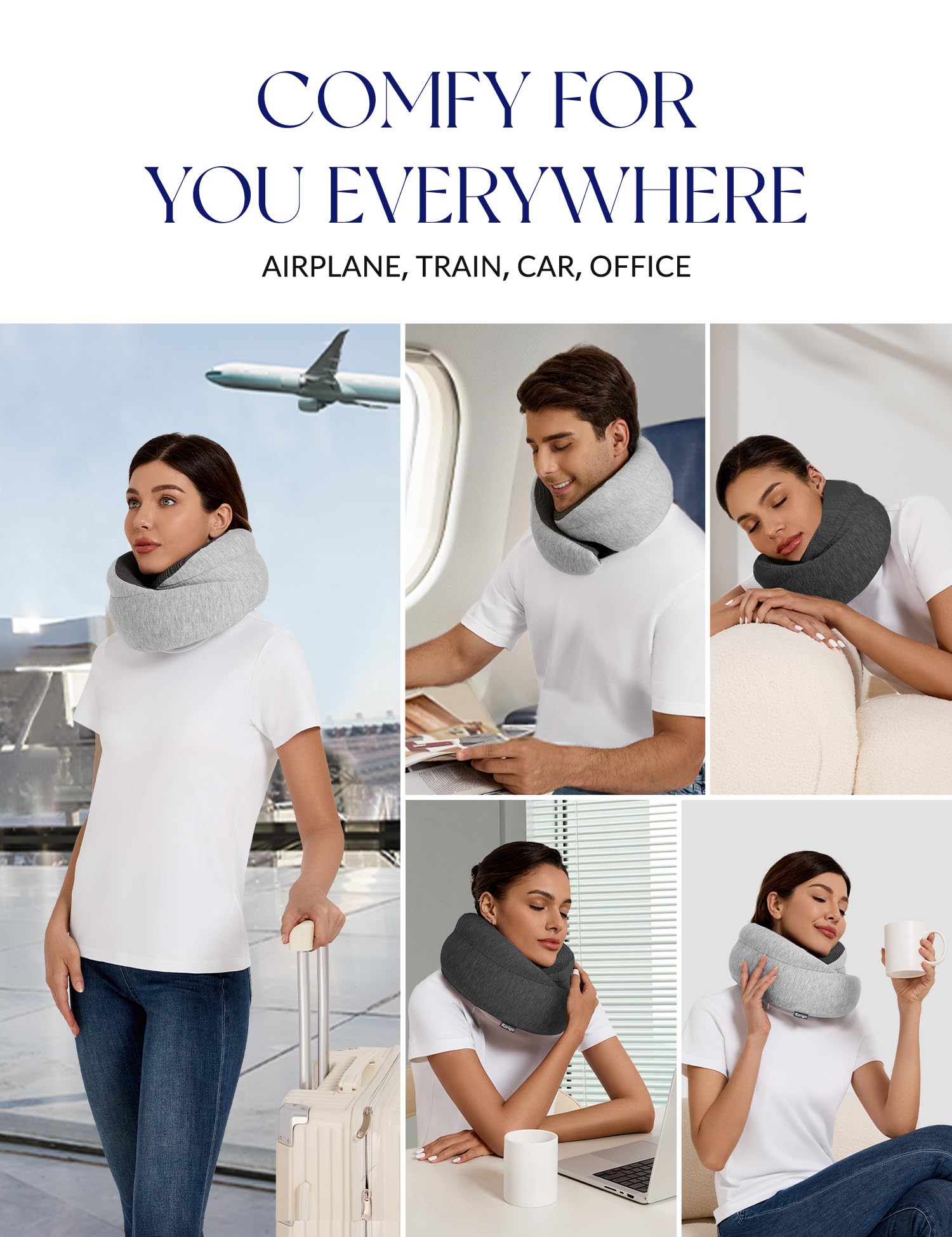 Korigo Neck Travel Pillows for Airplanes, Memory Foam Neck Pillows, Ergonomic Design Travel Pillows for Flight, Dark Grey