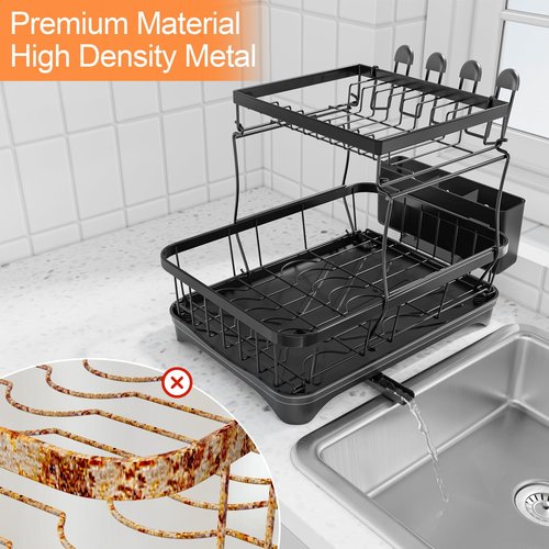 HOMEBOSILY Dish Drying Rack Two-Tier Drying Rack with Utensil Holder, Auto-Draining Dish Rack for Kitchen Counter, Large Capacity for Plates, Bowls, Cups, Dish Drainer with Drainboard, Black