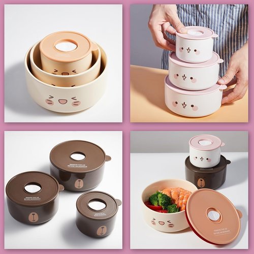 Thousandaynight Ceramic Bowls with Lids, 4, 5, 6 Inch Food Storage Container Bowl, Microwave & Dishwasher Safe, For Soup, Salad, Rice, Cereal, Breakfast, Dinner, Serving, Oatmeal (Bear)