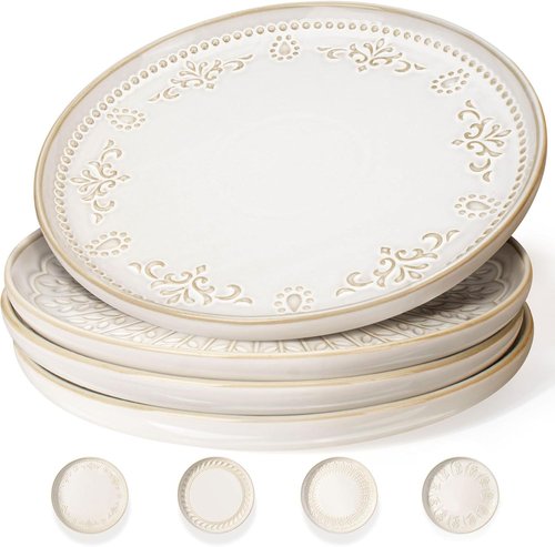 Artena Large Ceramic Dinner Plates Set of 4 - 10.75 Inch Embossed Kitchen Salad Plates | Microwave & Dishwasher Safe