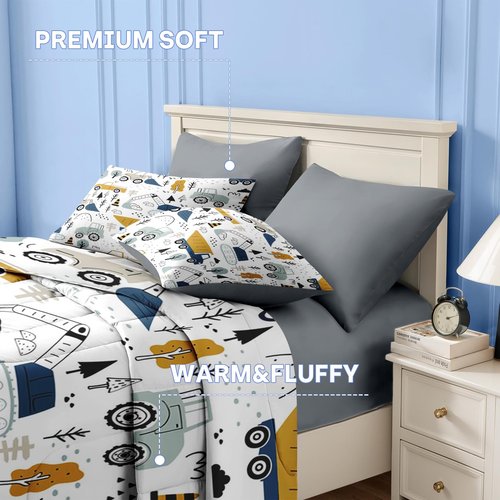 Nesker 5 Pcs Comforter Set Twin Size, Cute Cars Truck Tractor Bedding for Kids Teen, Cargo Crane Bulldozer Excavator Bed Sheet with Pillowcase & Sham