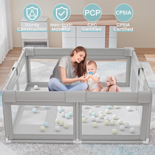 Hiaksedt Baby Playpen - 50 x 50 Inch Safe Play Area with Ocean Balls & Soft Fabric Zipper Gates