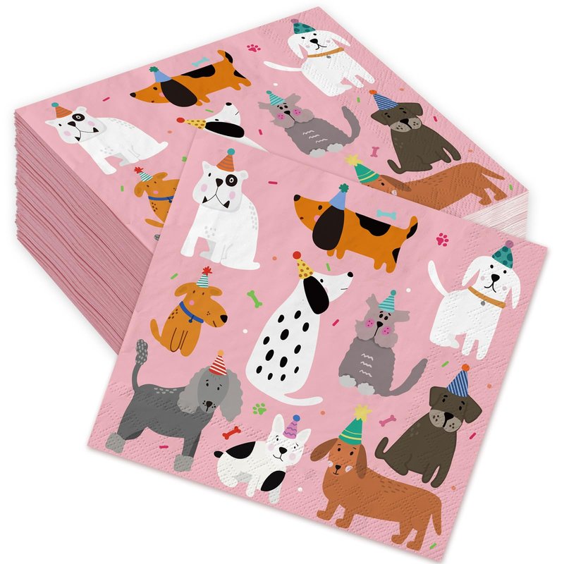 JarThenaAMCS 100 Sheets Dog Party Napkins Pink Cocktail Paper Napkins Cute Puppy Disposable Beverage Napkin for Pet Animal Party Drink Table Decor Supplies