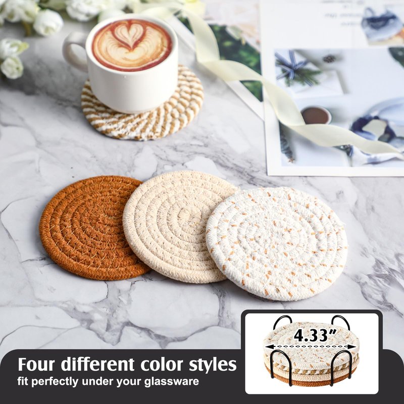 8 Pcs Boho Round Woven Placemats Set of 4/6/8,Trivets for Dishes, Heat Resistant Hot Pads,11.8" Woven Cotton Rope Round Placemats with Basket, 4.3" Drink Coasters with Holder (Mix Brown)