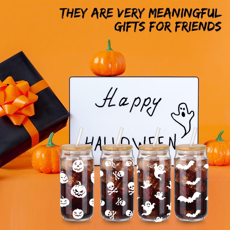 Umigy 4 Set 16oz Halloween Glass Cups Funny Ghost Witch Iced Coffee Can Cup Tumblers Pumpkin Fall Decorations Drinking Glasses with Lids Straws Brushes Halloween Birthday Gift for Women Men(Classic)