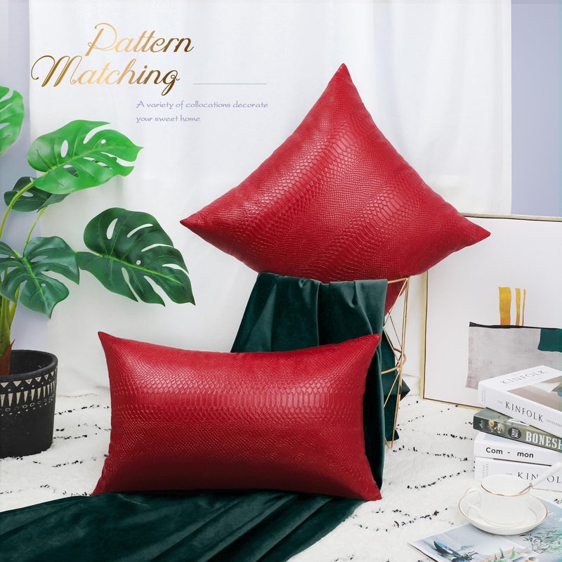 BRAWARM Christmas Red Leather Throw Pillows 22 X 22 Inches, Snake Leather Pillow Covers Pack of 2, Faux Leather Decorative Pillow Covers for Couch Living Room Garden Bed Sofa Home