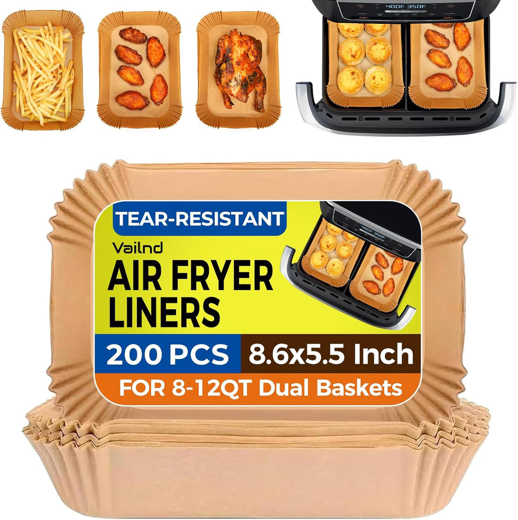 Vailnd Disposable Air Fryer Liners - 200 Pcs Rectangle Parchment Paper for Ninja & Chefman | Oil-Proof, 8.6x5.5 Inch