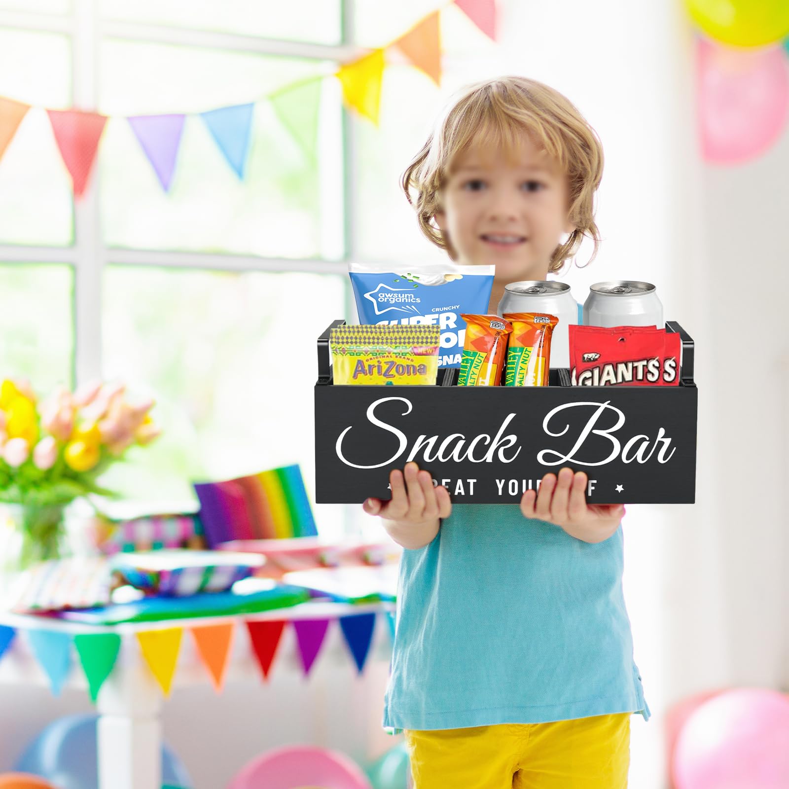 Unistyle Wood Pantry Storage Bins with Handles, Snack Organizer for Countertop, 4 Compartment Food Container Snack Box, Black